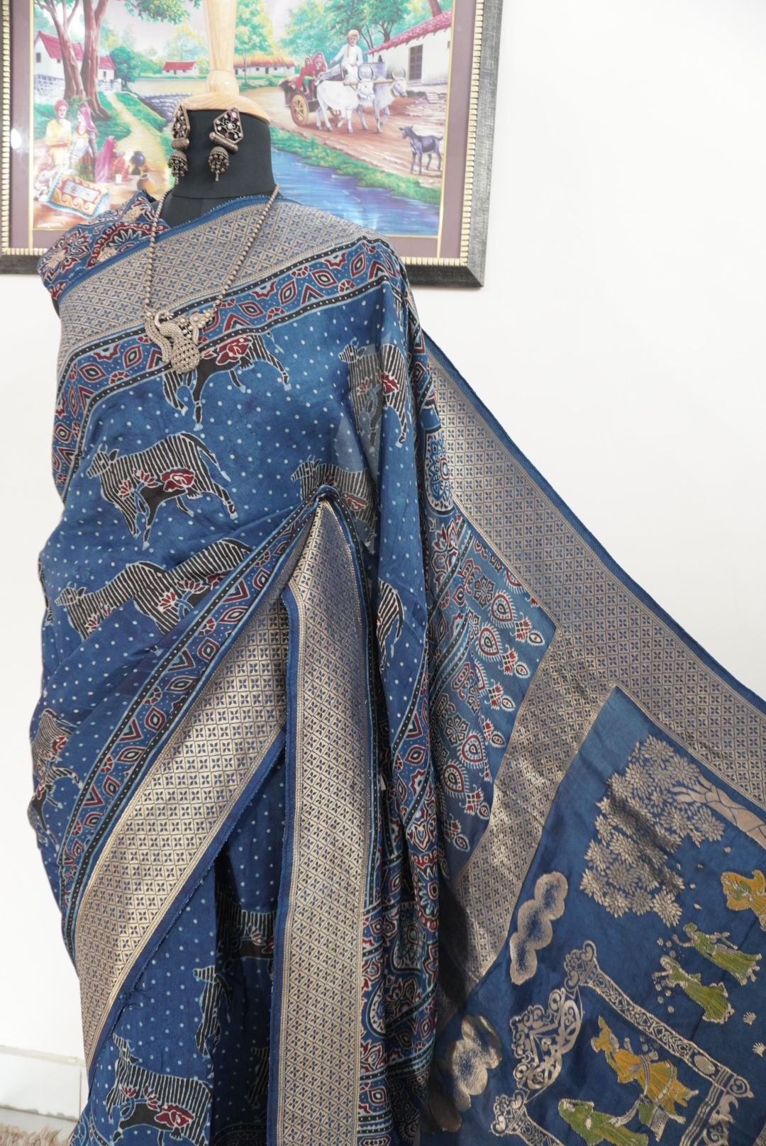 Ajrakh Dola silk saree with meenakari palla - indigo blue