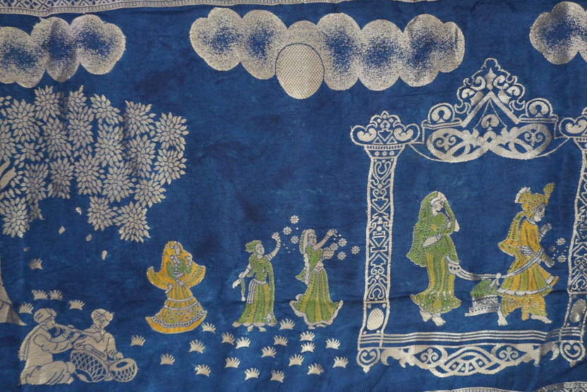 Blue Ajrakh Dola silk saree with multicolor block print, border and tassels