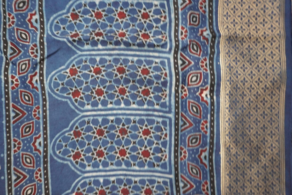 Ajrakh Dola silk saree with meenakari palla - indigo blue