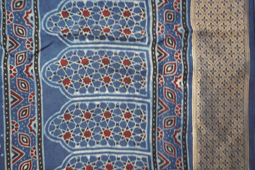 Ajrakh Dola silk saree with meenakari palla - indigo blue