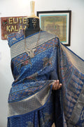 Ajrakh Dola silk saree with meenakari palla - indigo blue