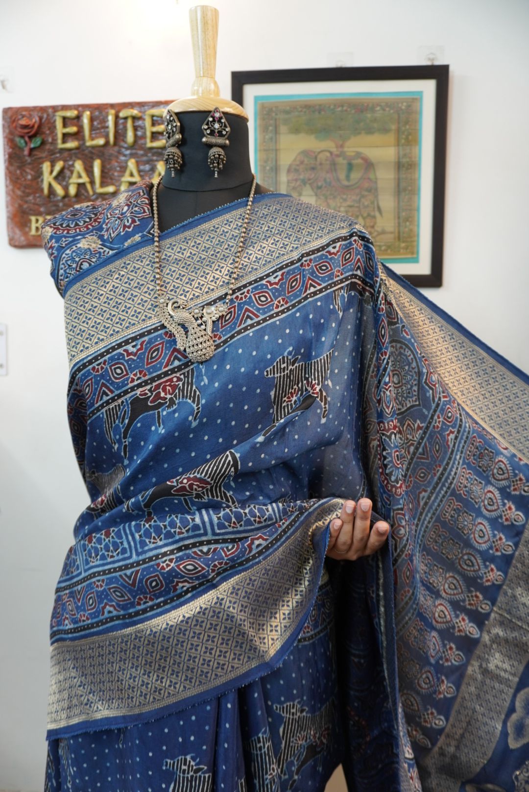 Ajrakh Dola silk saree with meenakari palla - indigo blue