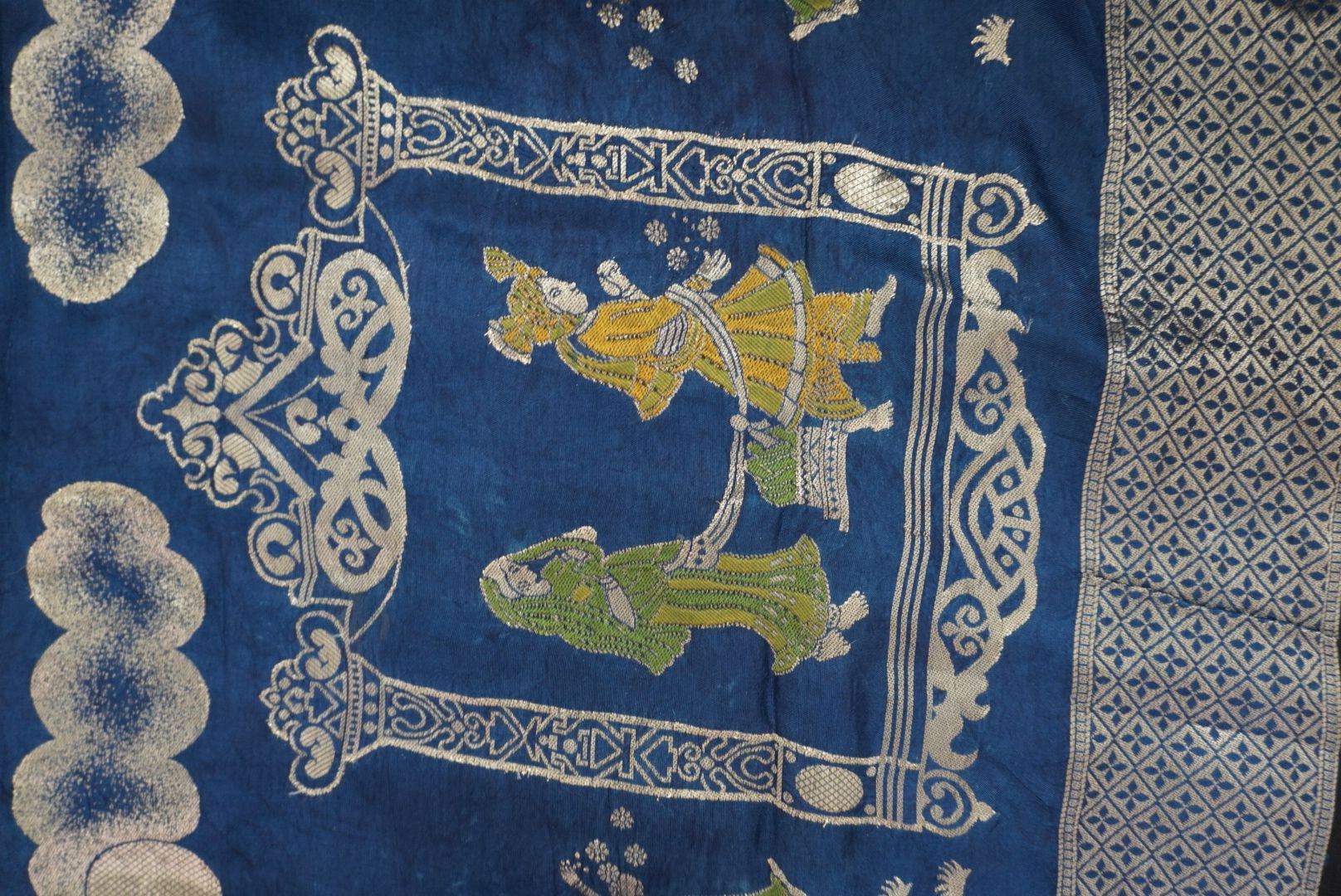 Ajrakh Dola silk saree with meenakari palla - indigo blue