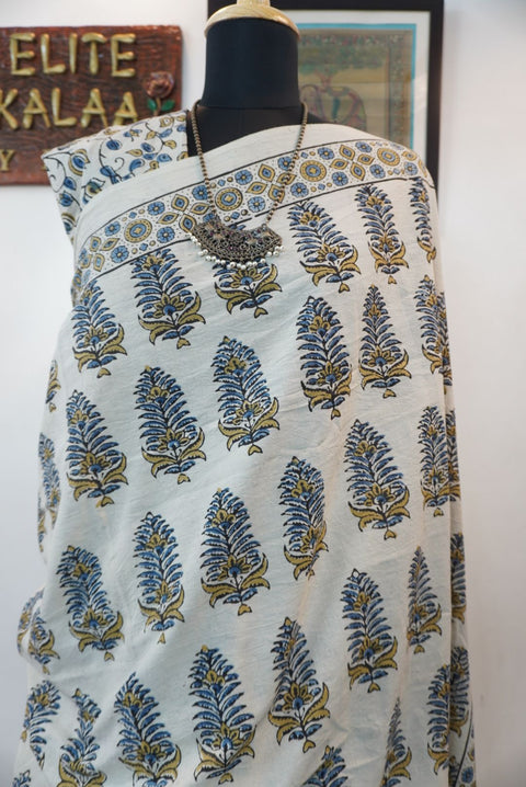 Ivory Ajrakh cotton saree with olive green and blue design, border and tassels
