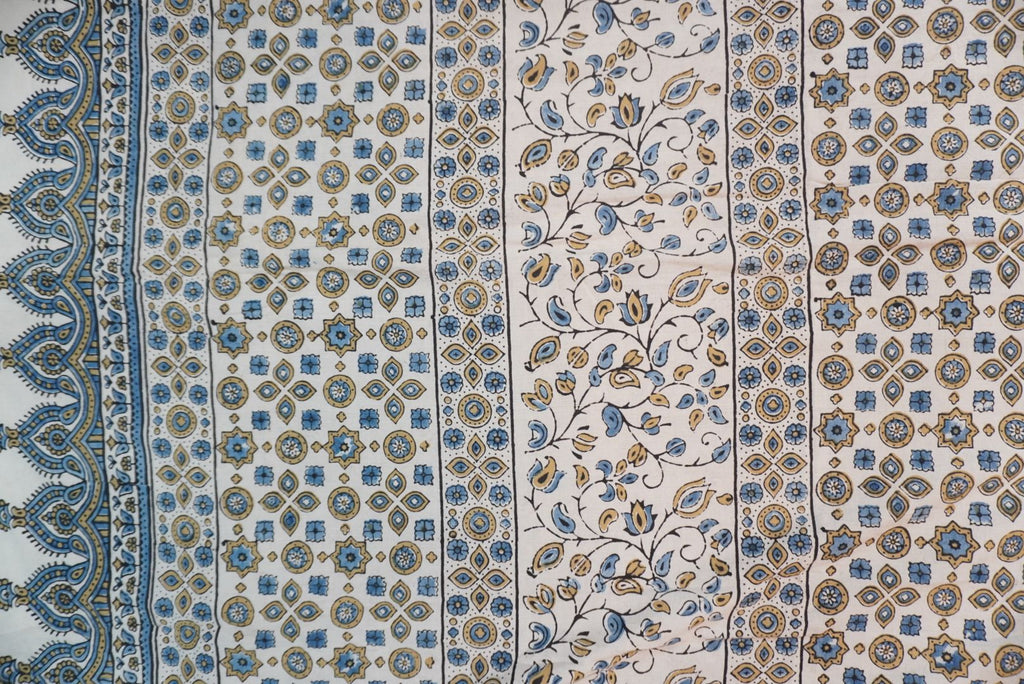 Ivory Ajrakh cotton saree with olive green and blue design, border and tassels