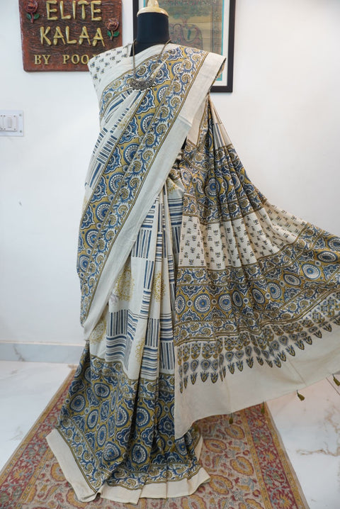 Ajrakh cotton saree in ivory with olive green and blue design and border