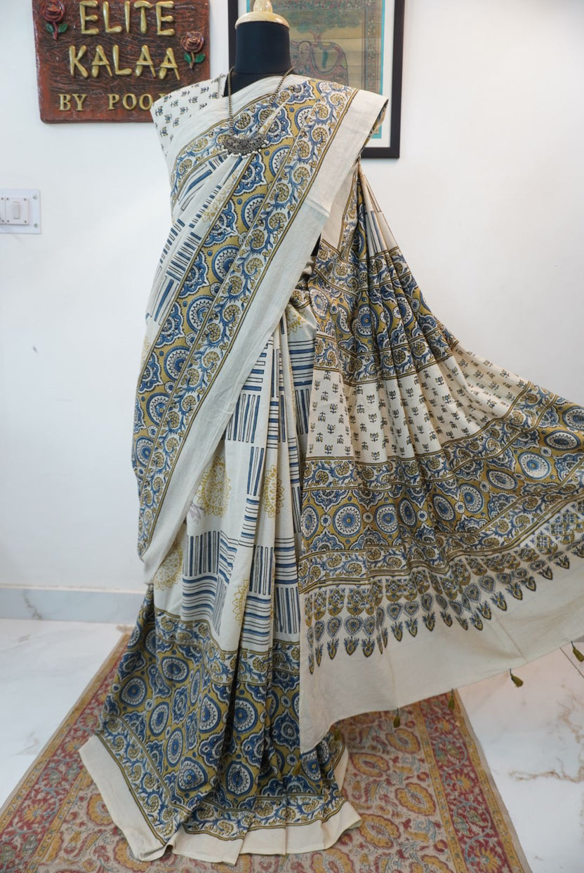 Ajrakh cotton saree in ivory with olive green and blue design and border