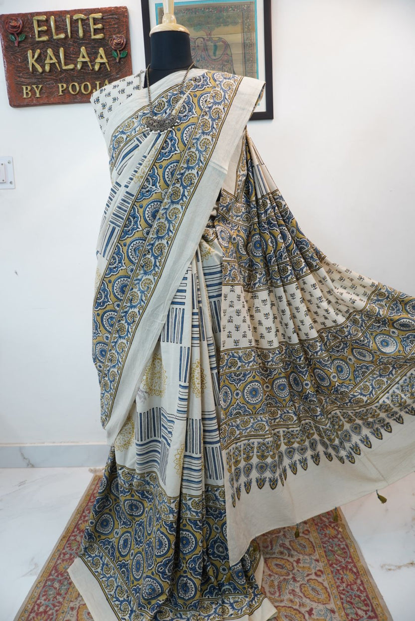 Ajrakh cotton saree in ivory with olive green and blue design and border