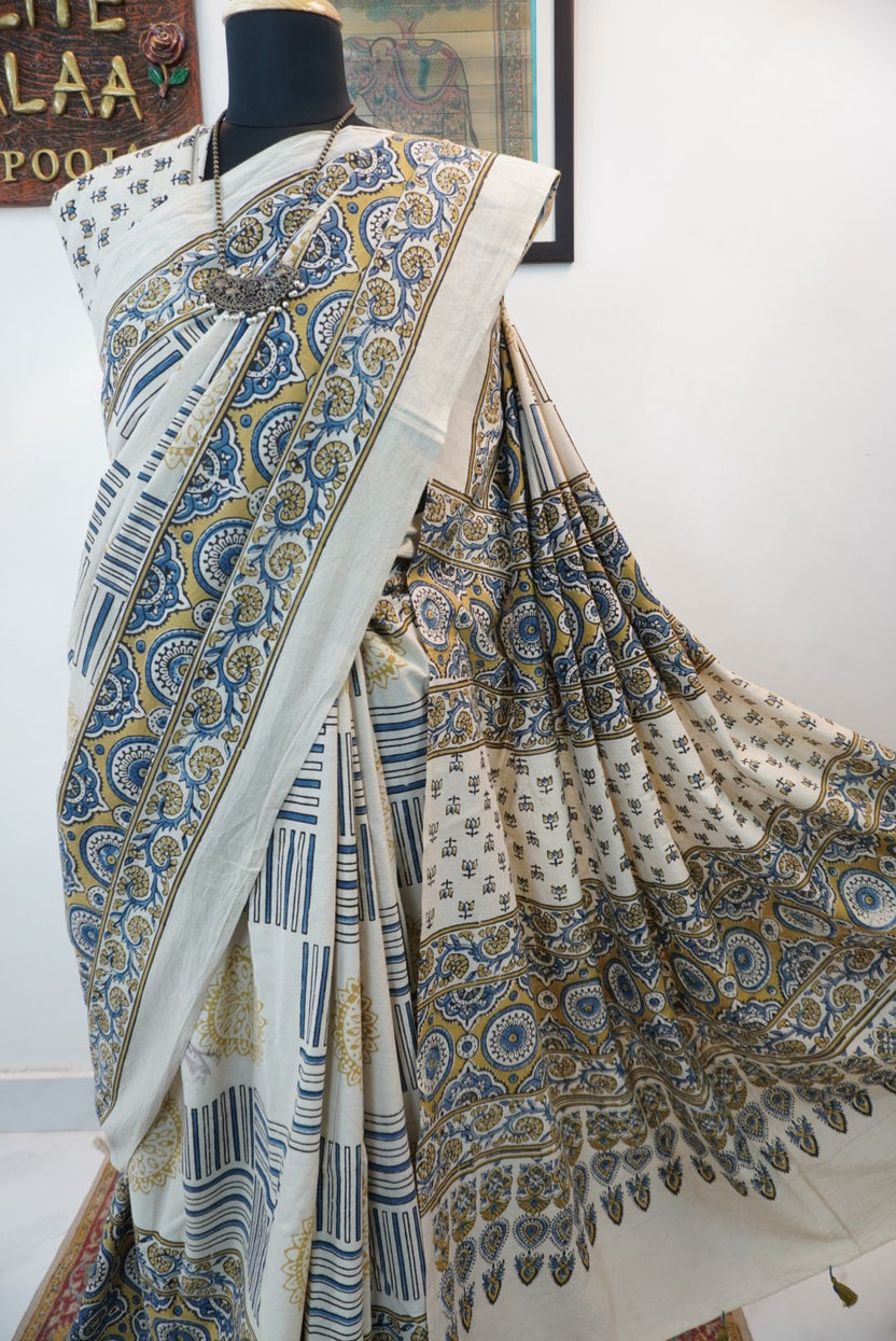 Ajrakh cotton saree in ivory with olive green and blue design and border