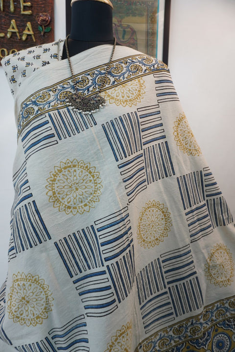 Ajrakh cotton saree in ivory with olive green and blue design and border