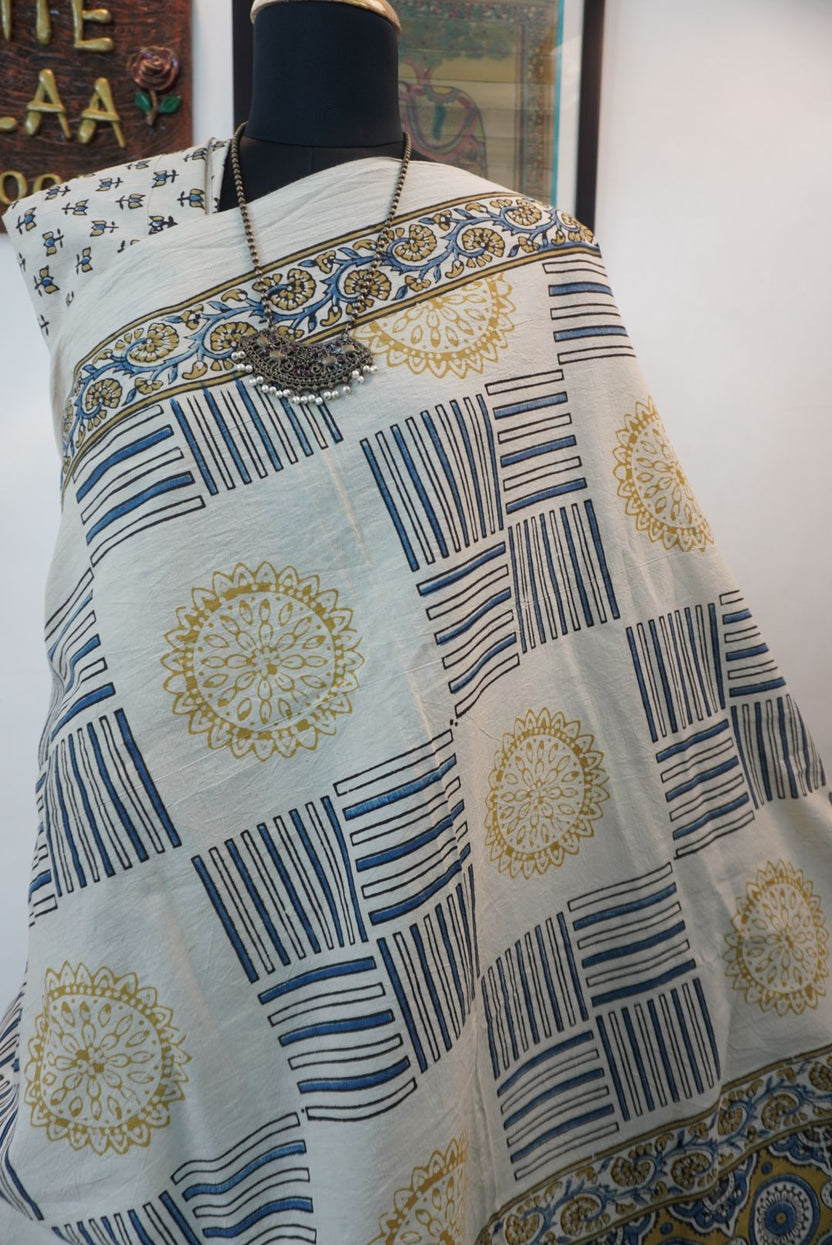 Ajrakh cotton saree in ivory with olive green and blue design and border