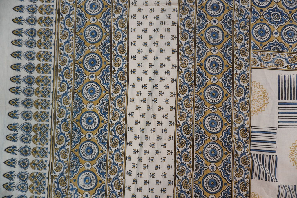 Ajrakh cotton saree in ivory with olive green and blue design and border