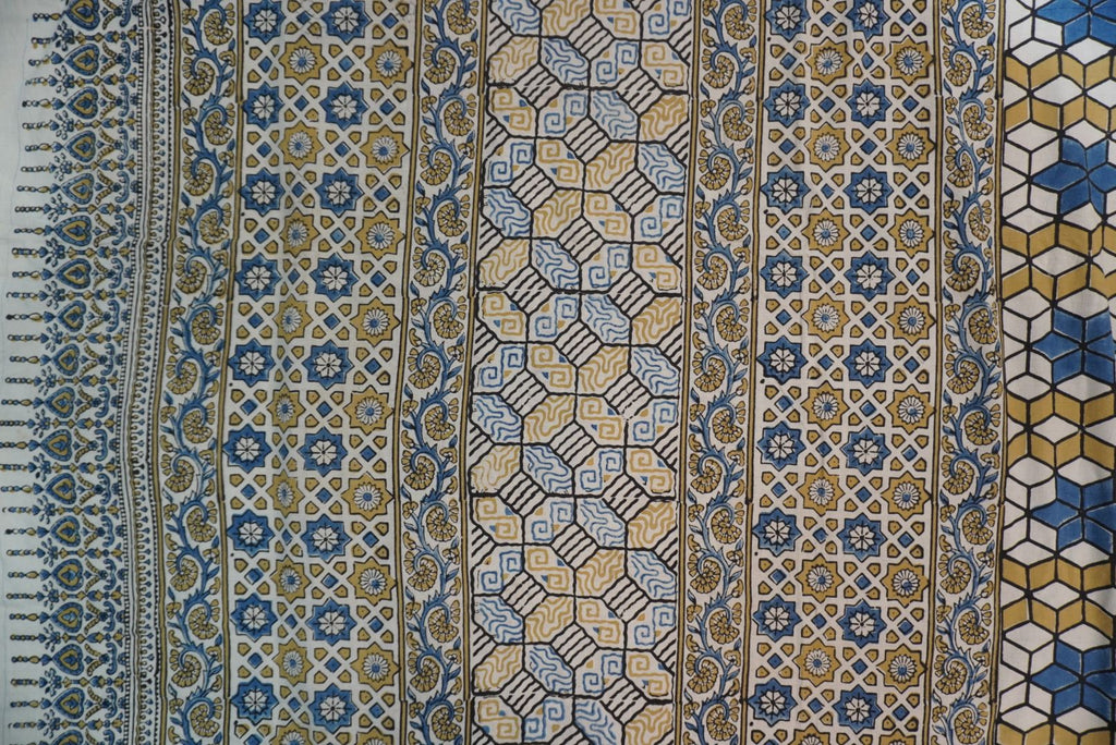 Ajrakh cotton saree in ivory with olive green, blue and yellow all-over design and border detail