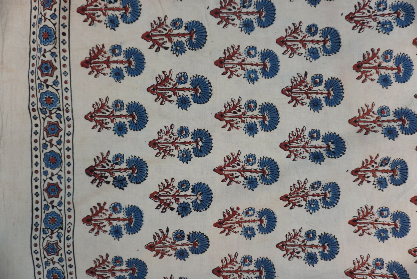 Ivory cotton Ajrakh saree with red, blue and rust placement pattern, border and tassels