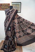Black Ajrakh cotton saree with all-over multicolor pattern and border detail
