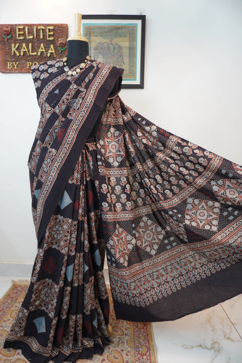 Black Ajrakh cotton saree with all-over multicolor pattern and border detail