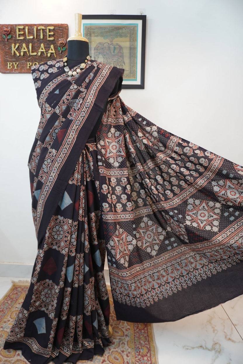 Black Ajrakh cotton saree with all-over multicolor pattern and border detail