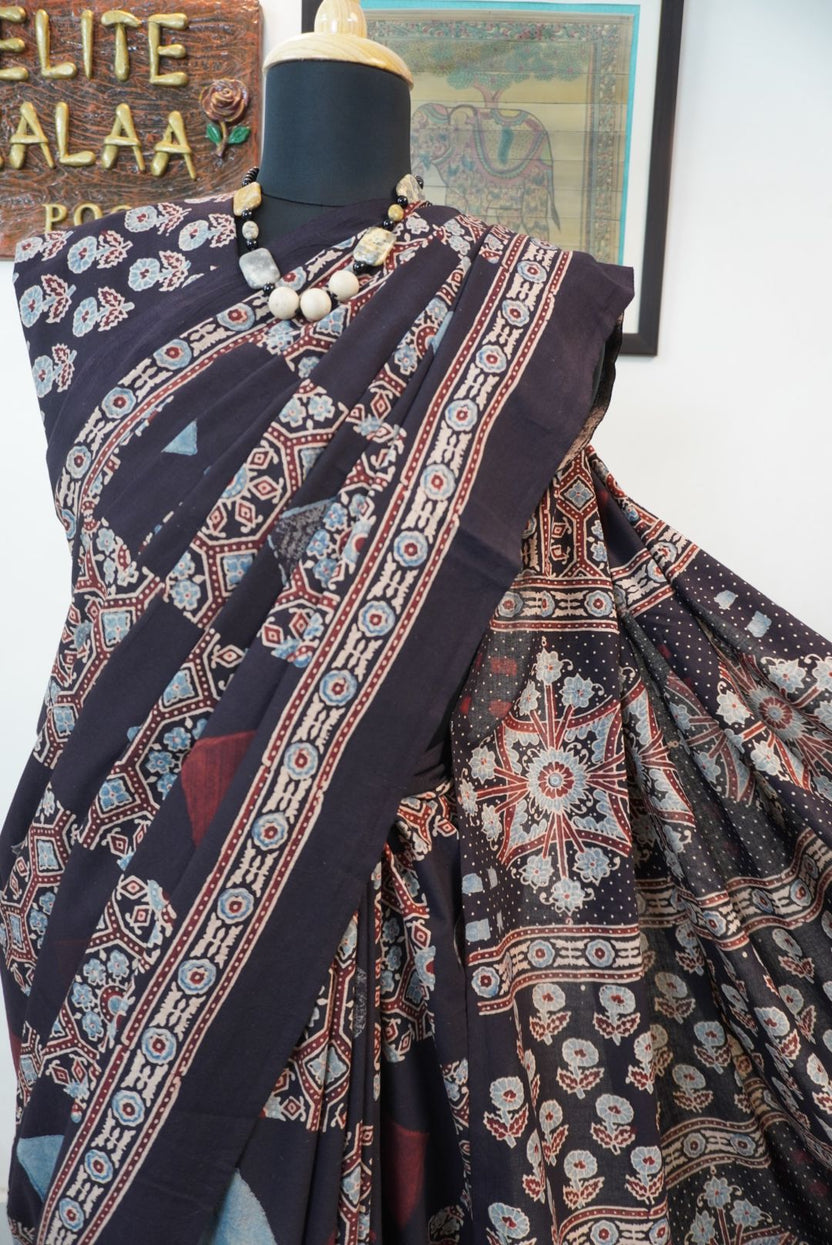 Black Ajrakh cotton saree with all-over multicolor pattern and border detail