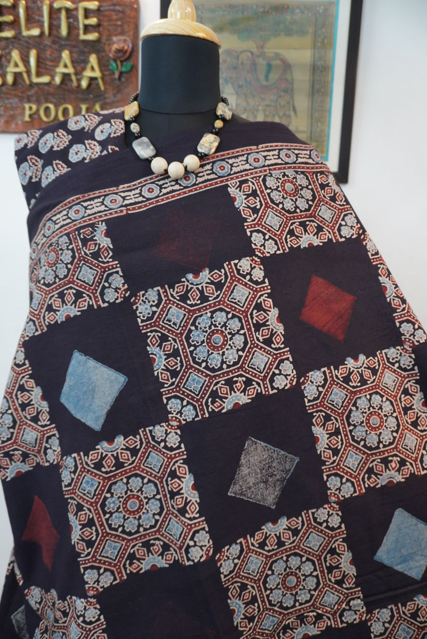 Black Ajrakh cotton saree with all-over multicolor pattern and border detail