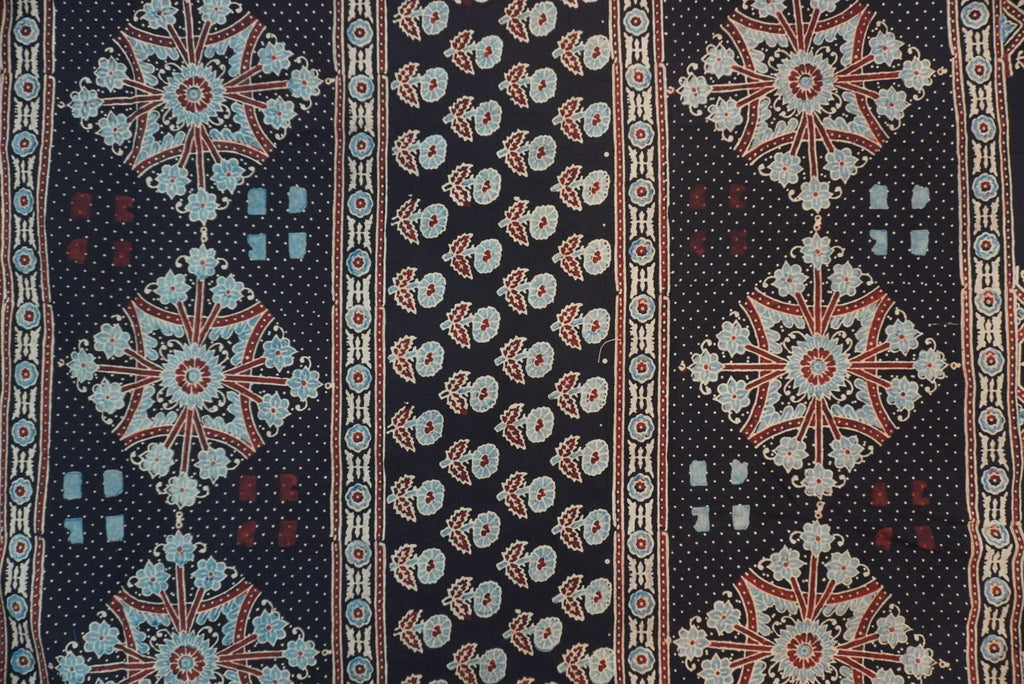 Black Ajrakh cotton saree with all-over multicolor pattern and border detail