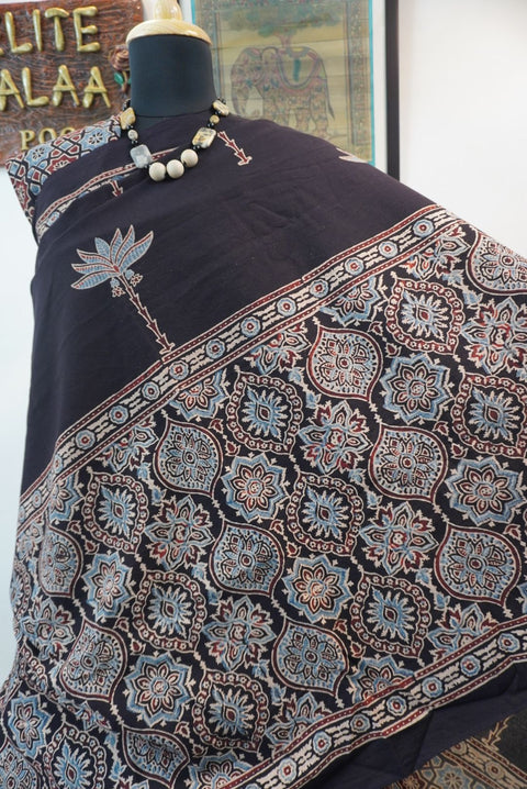 Black Ajrakh cotton saree with blue, red and cream border detail