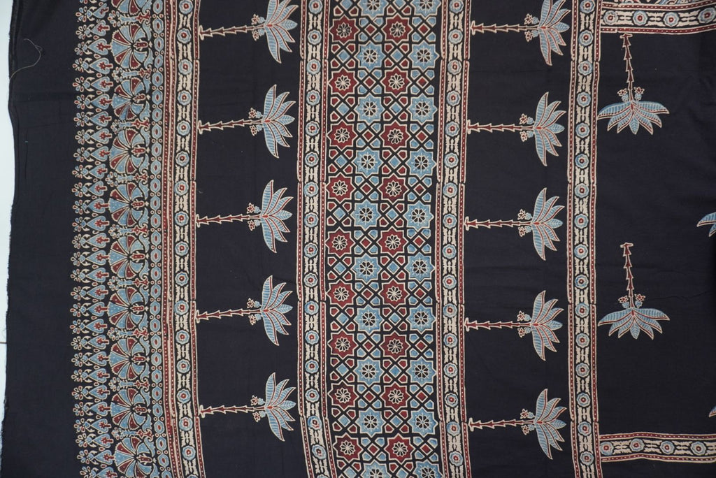 Black Ajrakh cotton saree with blue, red and cream border detail