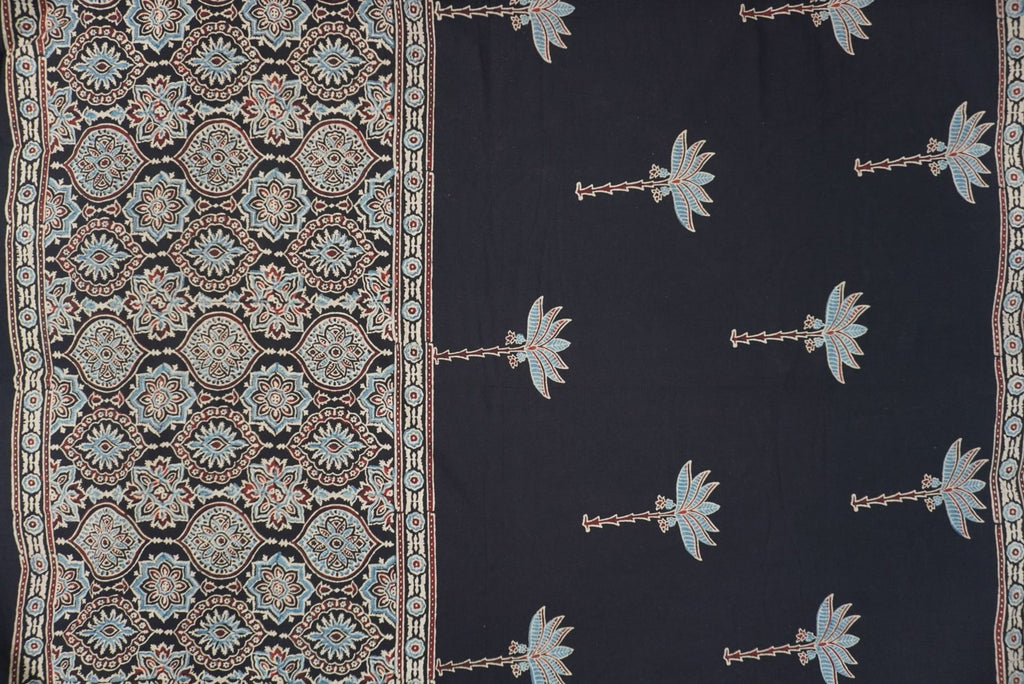 Black Ajrakh cotton saree with blue, red and cream border detail