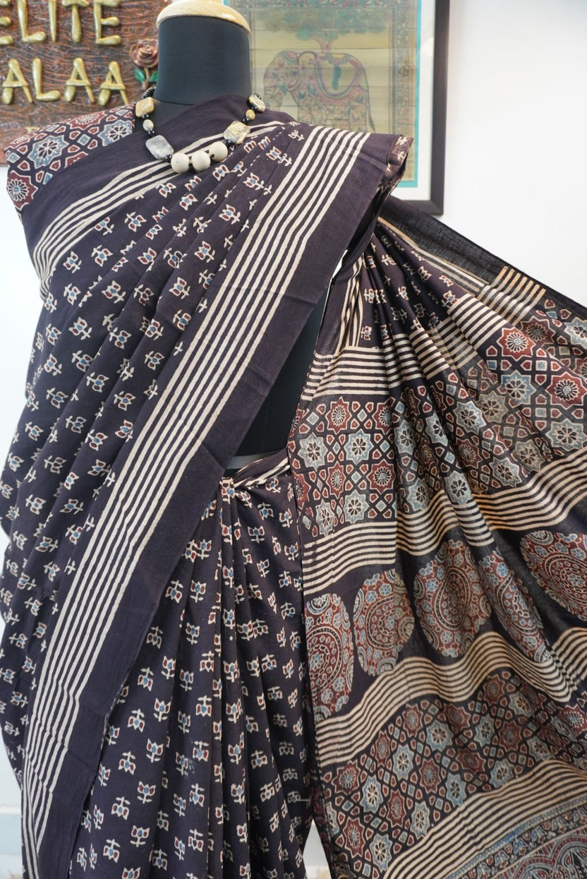 Black Ajrakh cotton saree with multicolor block print, border and tassels