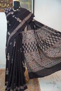 Black Ajrakh cotton saree with border and multicolor detail