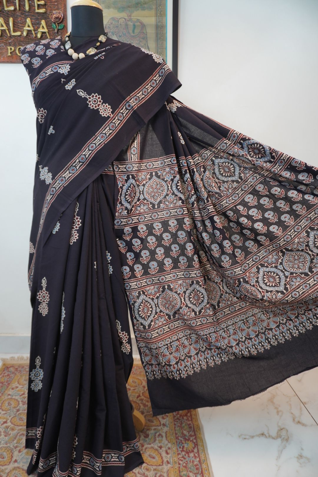 Black Ajrakh cotton saree with border and multicolor detail