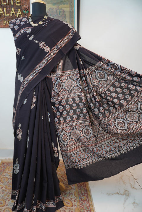 Black Ajrakh cotton saree with border and multicolor detail