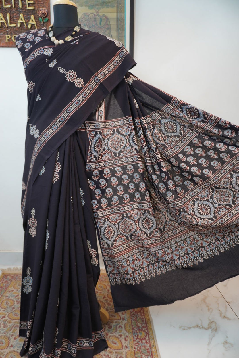 Black Ajrakh cotton saree with border and multicolor detail