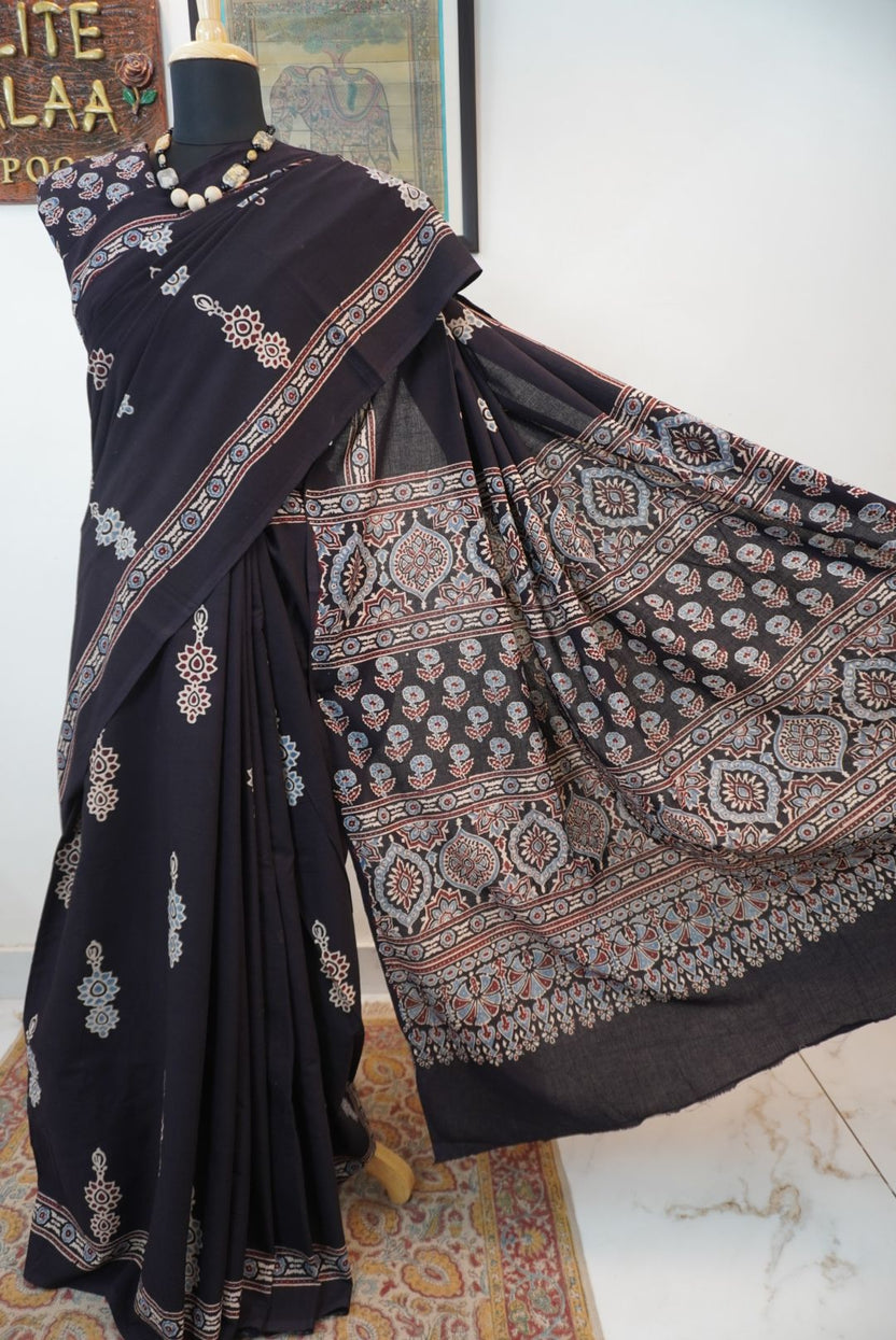 Black Ajrakh cotton saree with border and multicolor detail