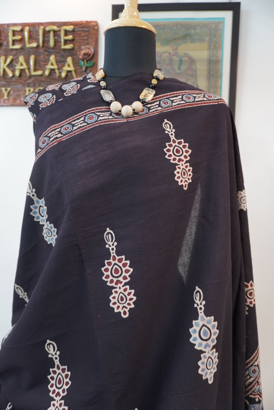 Black Ajrakh cotton saree with border and multicolor detail