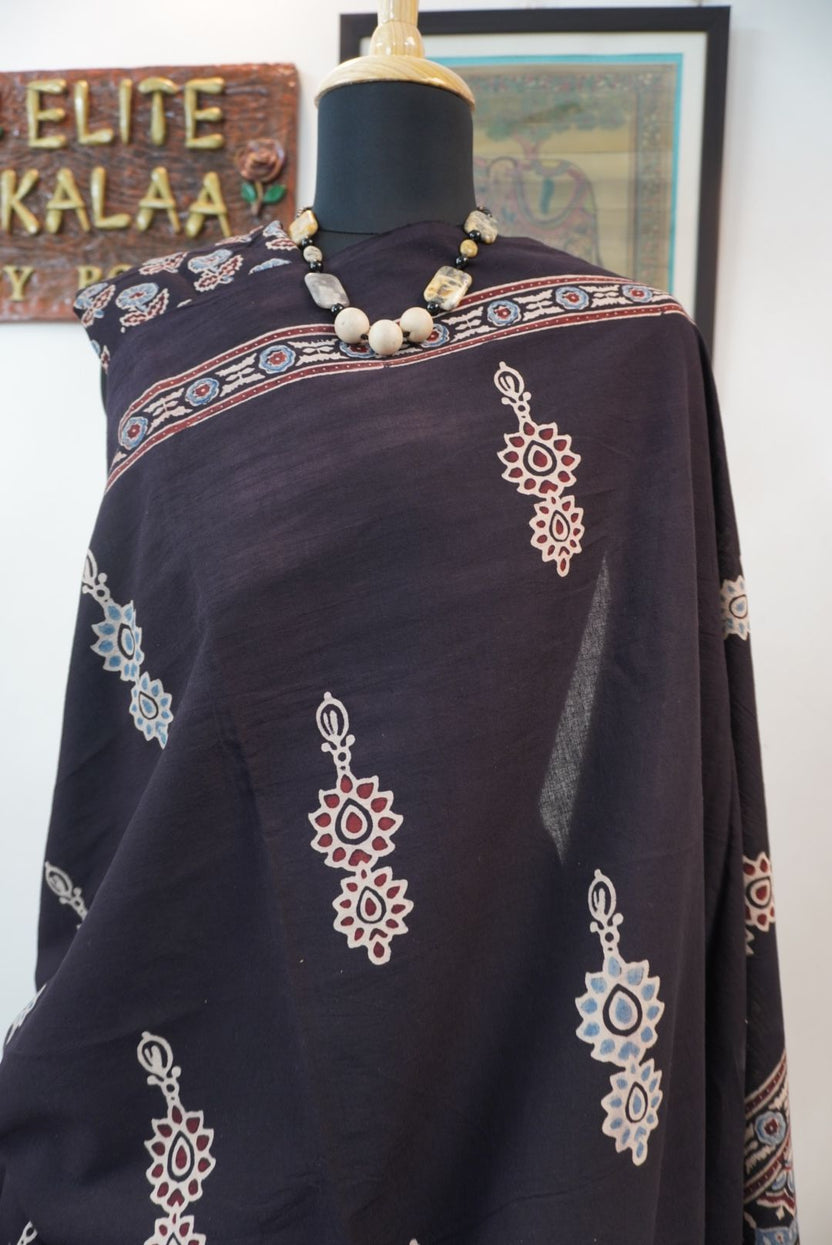 Black Ajrakh cotton saree with border and multicolor detail