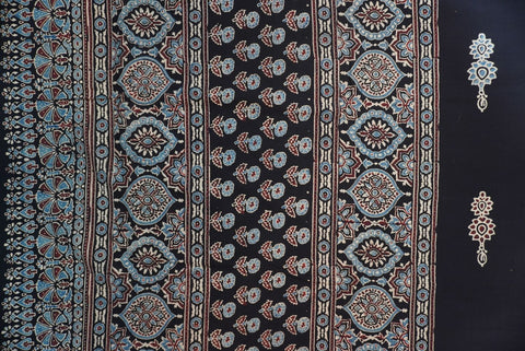 Black Ajrakh cotton saree with border and multicolor detail