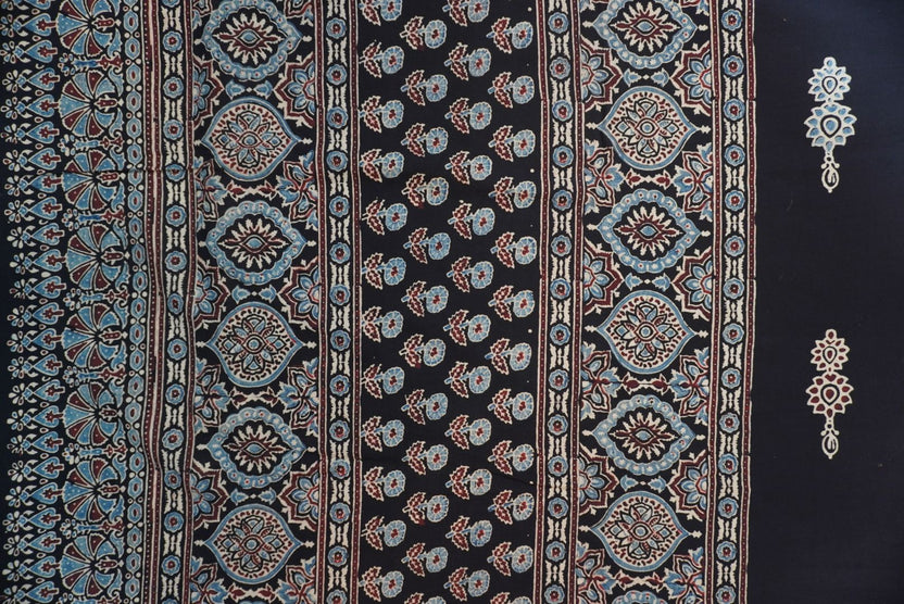 Black Ajrakh cotton saree with border and multicolor detail
