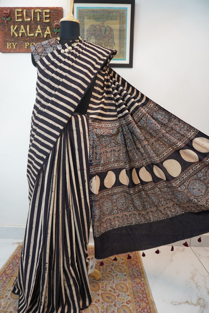 Black Ajrakh cotton saree with ivory striped design, border and tassels