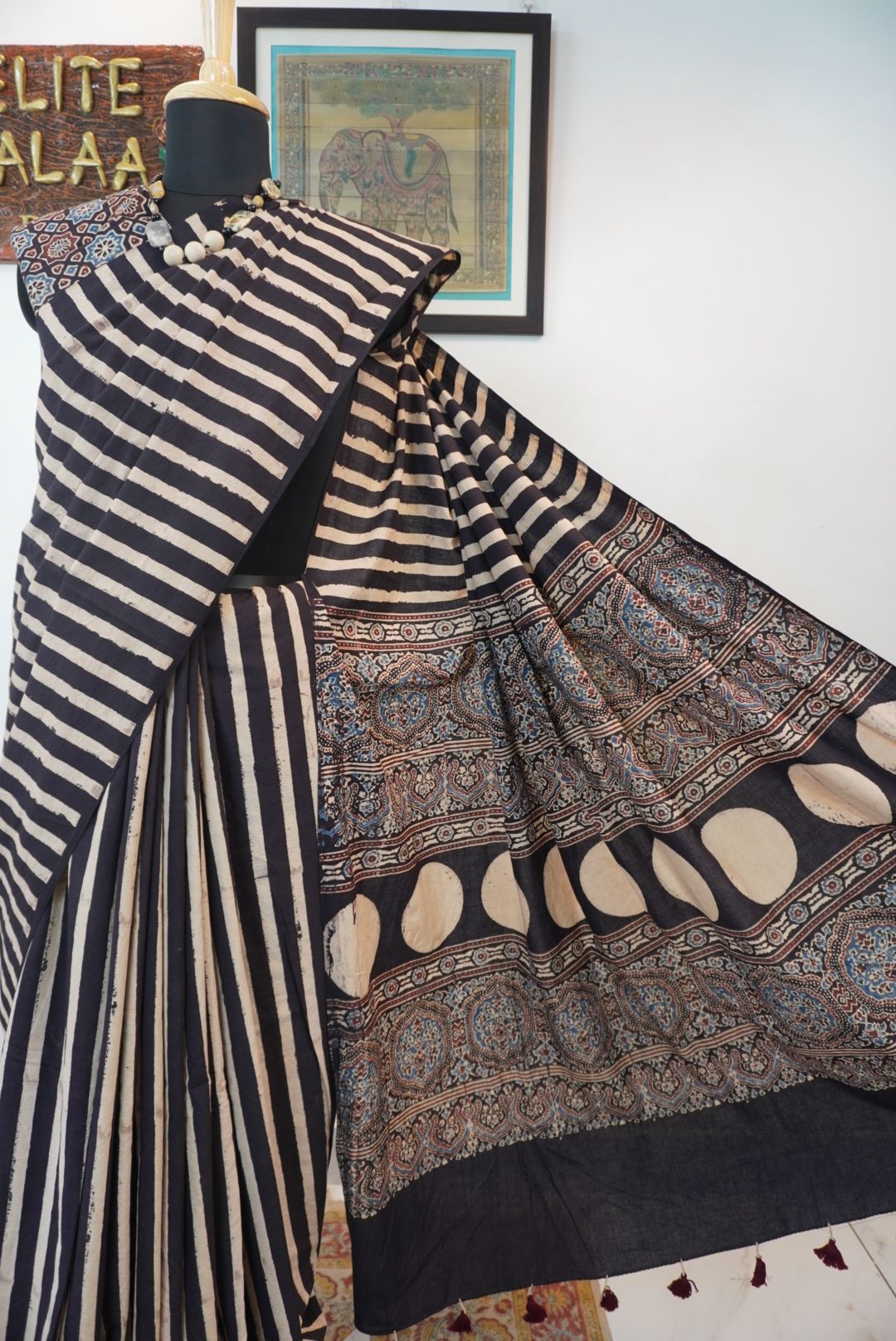 Black Ajrakh cotton saree with ivory striped design, border and tassels