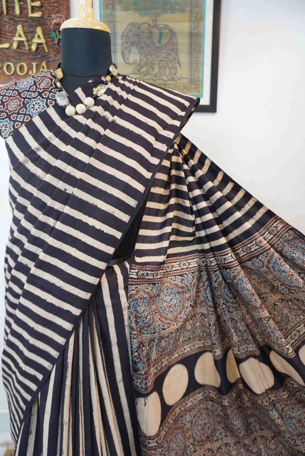 Black Ajrakh cotton saree with ivory striped design, border and tassels