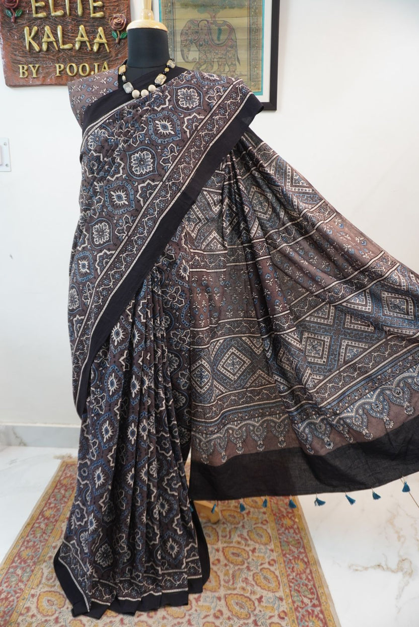 Brown Ajrakh cotton saree with all-over multicolor Badam Boota design and border