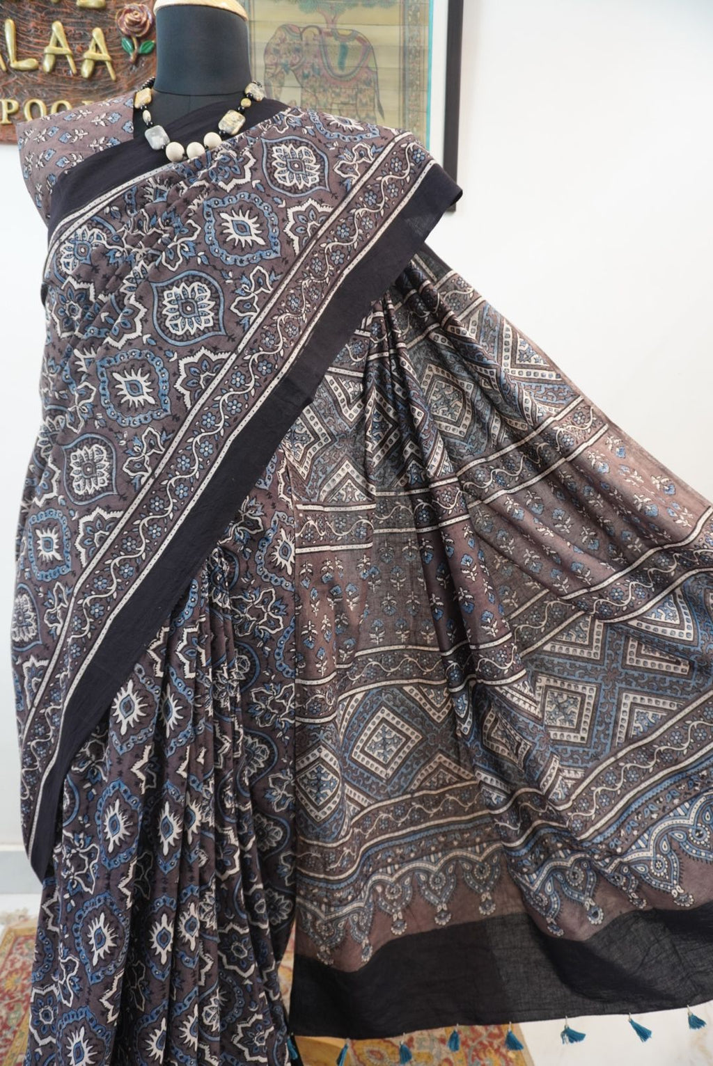 Brown Ajrakh cotton saree with all-over multicolor Badam Boota design and border