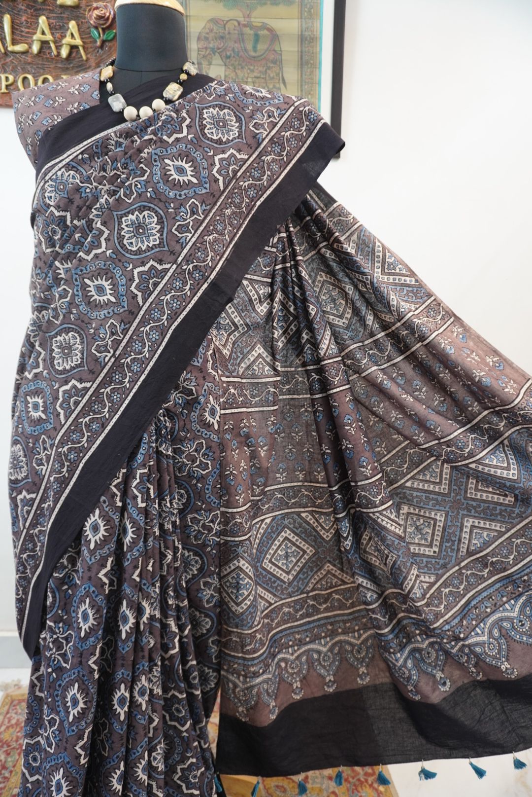 Brown Ajrakh cotton saree with all-over multicolor Badam Boota design and border