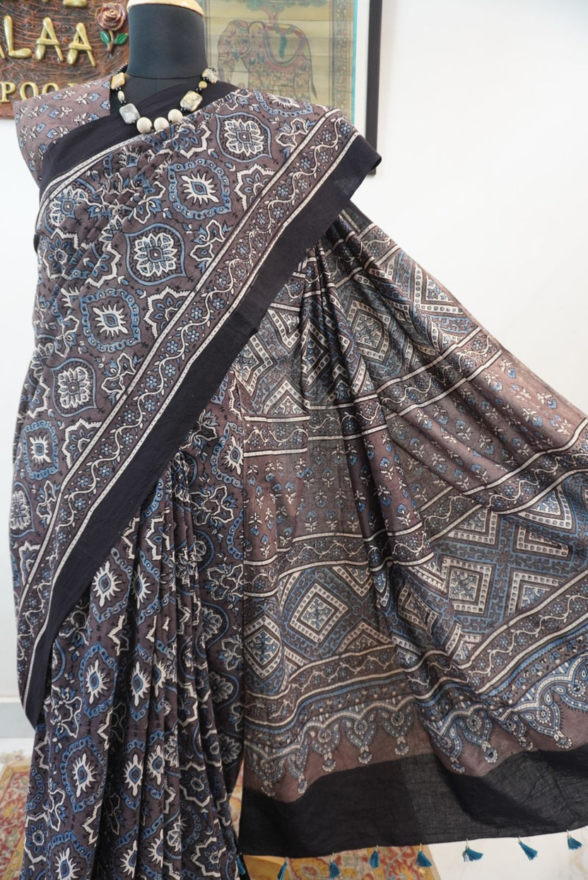 Brown Ajrakh cotton saree with all-over multicolor Badam Boota design and border