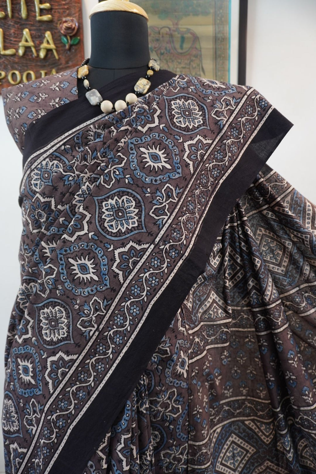 Brown Ajrakh cotton saree with all-over multicolor Badam Boota design and border