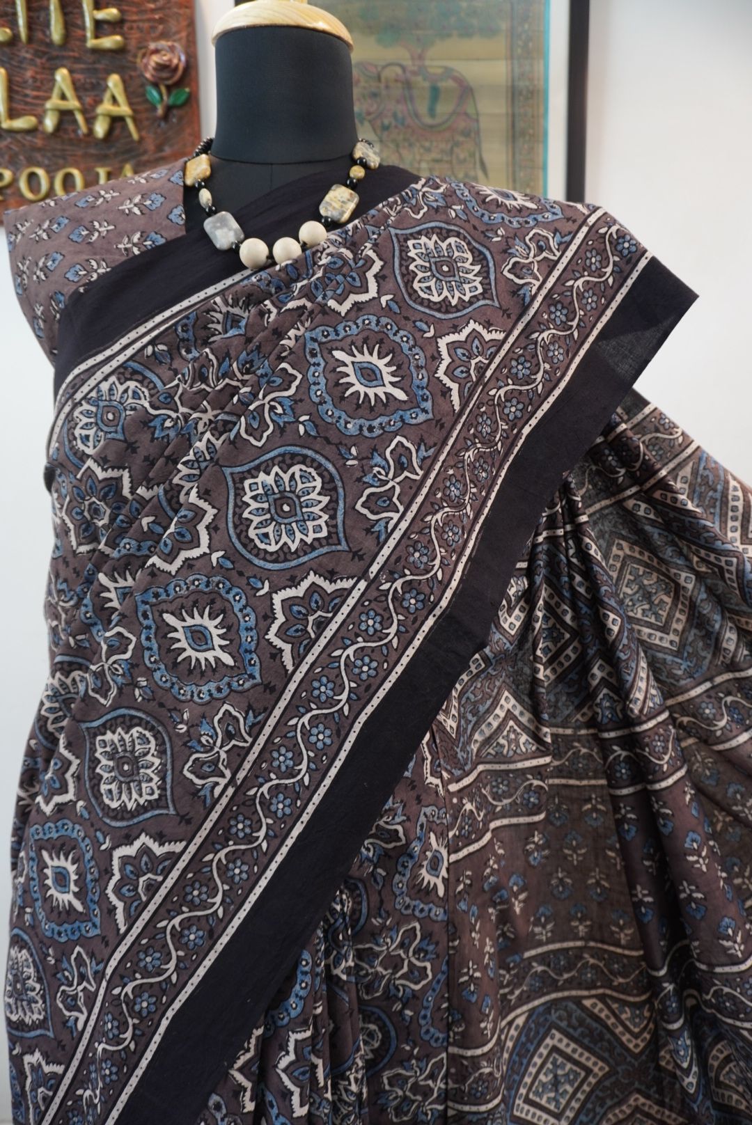 Brown Ajrakh cotton saree with all-over multicolor Badam Boota design and border