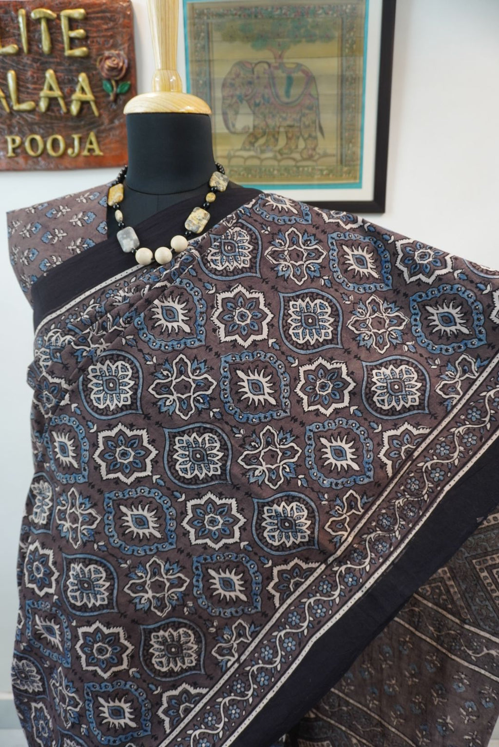 Brown Ajrakh cotton saree with all-over multicolor Badam Boota design and border