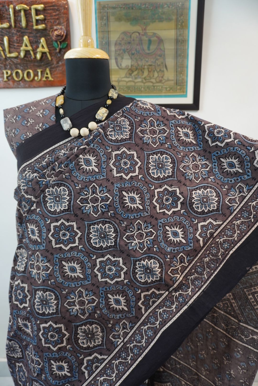 Brown Ajrakh cotton saree with all-over multicolor Badam Boota design and border