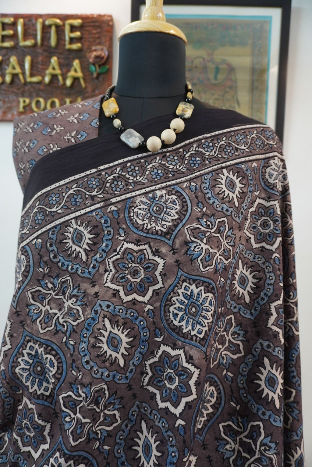 Brown Ajrakh cotton saree with all-over multicolor Badam Boota design and border