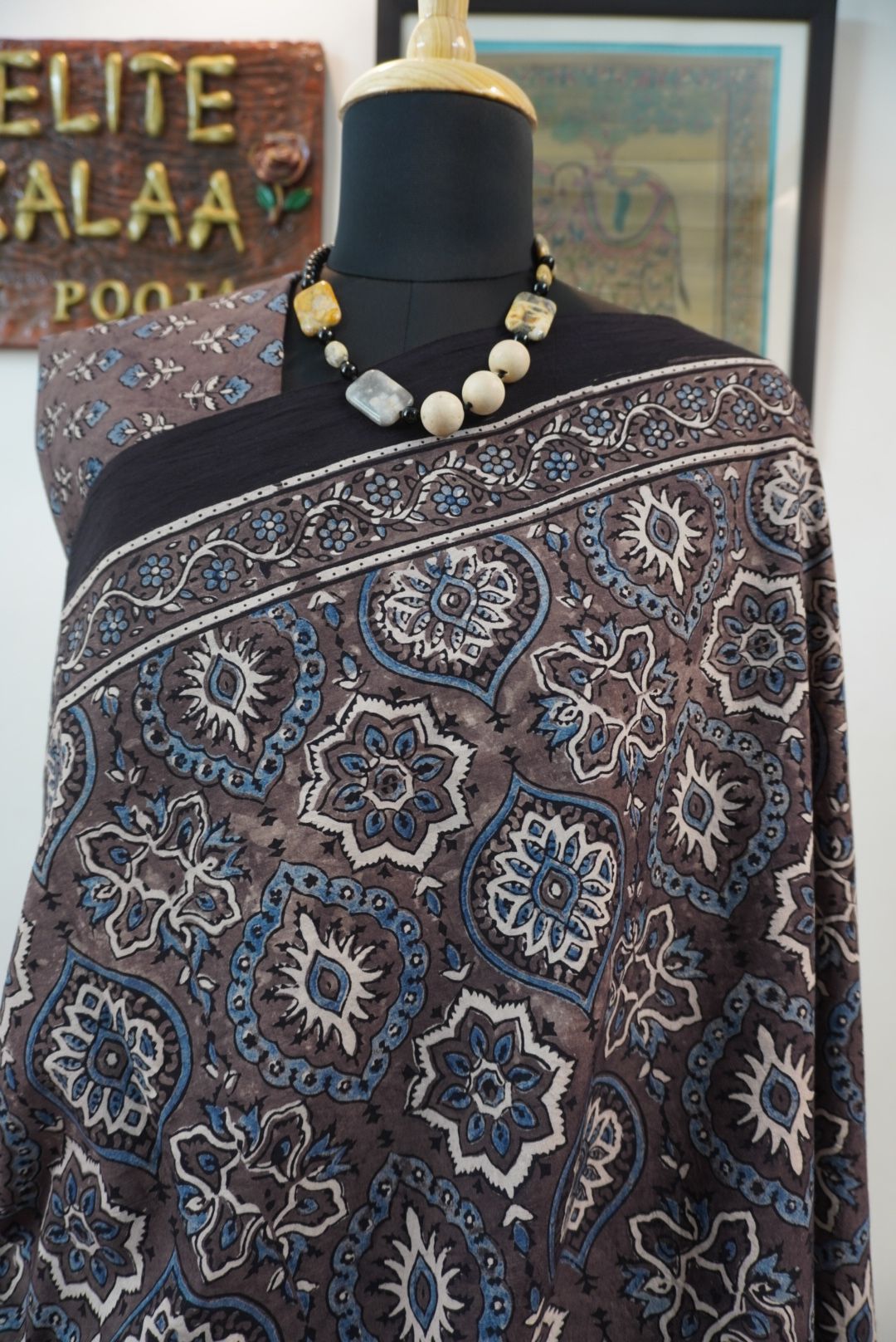Brown Ajrakh cotton saree with all-over multicolor Badam Boota design and border
